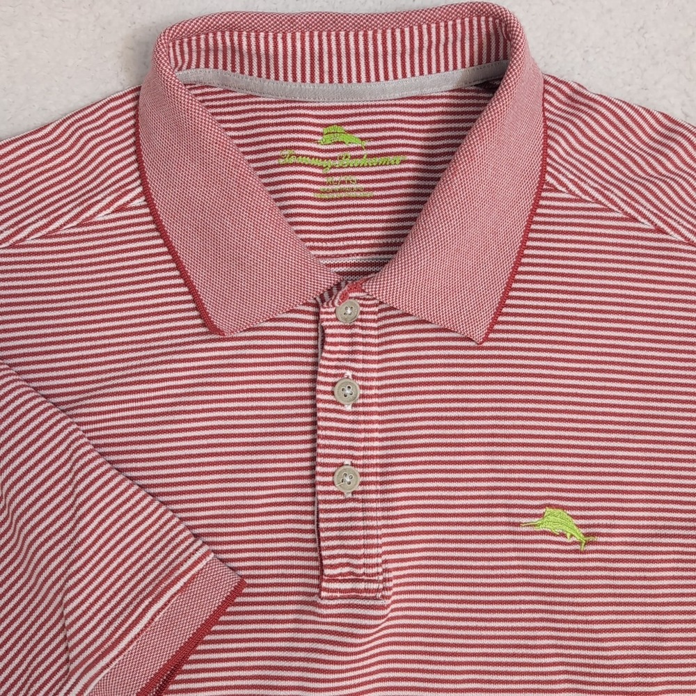 Tommy Bahama Polo Shirt Mens XL Pink White‎ Striped Cotton Relax Pima Cotton